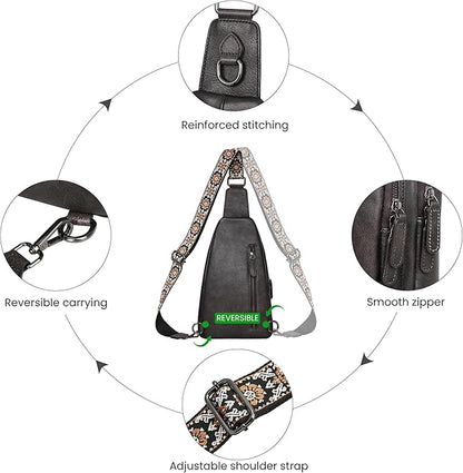 HESHE Leather Sling Bag for Women Crossbody Bags with Multi-Pocket Stylish Fanny Packs for Travel Chest Bag
