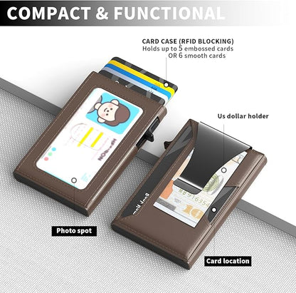 Wallet for Men Slim Minimalist Pop-up Smart Holds 5-6 Cards - RFID Blocking Metal with Money Clip, Credit Card Holder & ID Window,Business Card Cases, men accessories (Coffee)