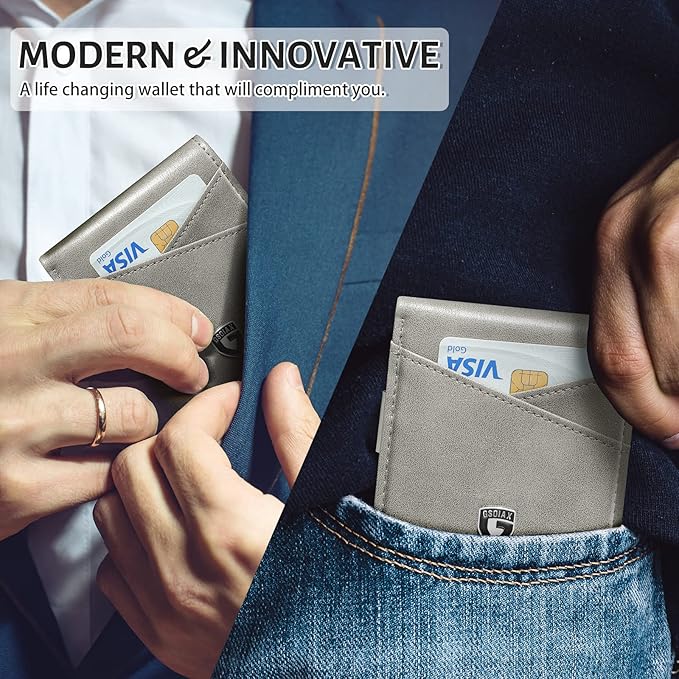 GSOIAX Slim Leather RFID Bifold Wallet for Men Minimalist Front Pocket Wallet with Money Clip,12 Card Slots,ID Window,Cool Groove Design,Includes Gift Box (Retro Grey)
