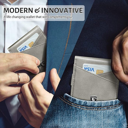 GSOIAX Slim Leather RFID Bifold Wallet for Men Minimalist Front Pocket Wallet with Money Clip,12 Card Slots,ID Window,Cool Groove Design,Includes Gift Box (Retro Grey)