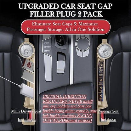 Car Seat Gap Filler Set of 2, Upgraded Car Side Seat Gap Fillers with Organizer, Cup Holder & Hook Function, Inserts Between Front Seats Console Catcher 4in1 Gap Stopper Fill Plug Storage Box (Beige)