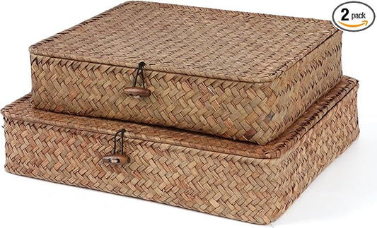 Moosky Flat Wicker Shelf Baskets with Lid, Handwoven Seagrass Basket Boxes for Storage Baskets Bins Home Decor Organizer (Coffee Set of 2)