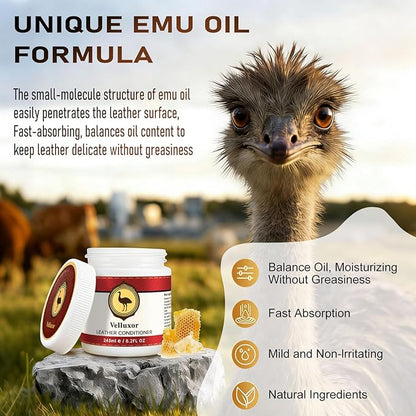 Leather Furniture Repair Salve 8.2oz, with Natural Emu Oil - Polisher, Moisturizer, Restorer for Couch and Furniture - Leather Cleaner and Conditioner for Wood/Vinyl/Handbags/Car Seats/Shoes