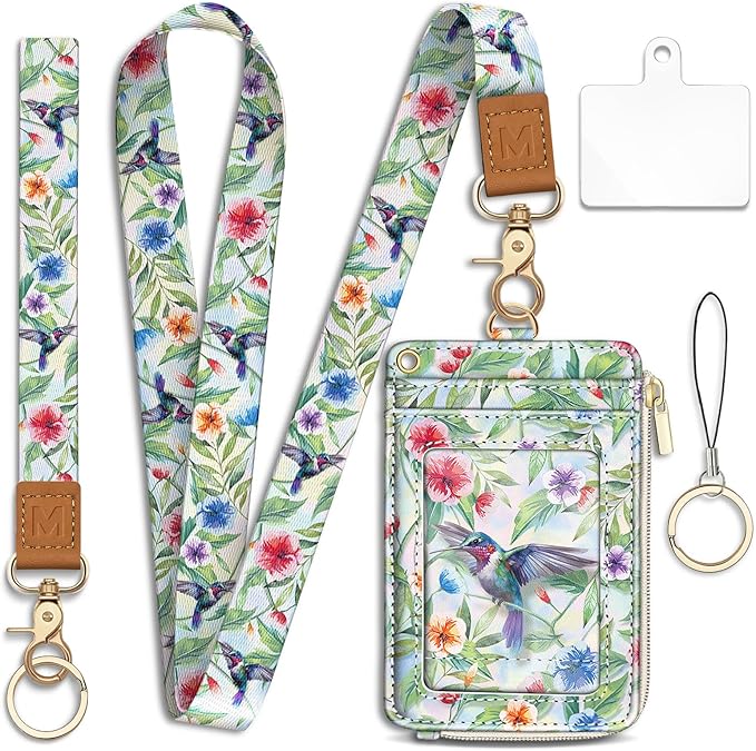 Lanyard Wallet with Id Badge Holder, Bird RFID Small Keychain Wallet Women Wristlet, Cute Zipper Credit Card Holder Phone Wrist Neck Strap for Key Name Tag, Teacher Student Office Gift