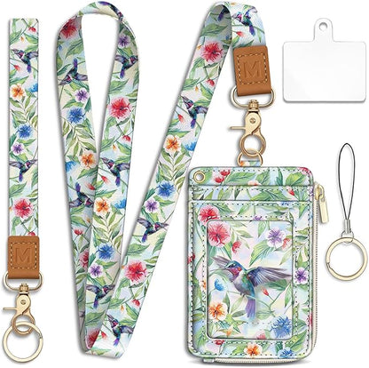 Lanyard Wallet with Id Badge Holder, Bird RFID Small Keychain Wallet Women Wristlet, Cute Zipper Credit Card Holder Phone Wrist Neck Strap for Key Name Tag, Teacher Student Office Gift