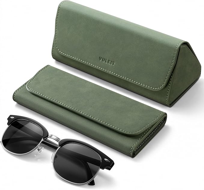 VULKIT Glasses Case, Foldable & Portable Design, Leather Hard Shell Folding Eyeglass Holder for Mens Womens