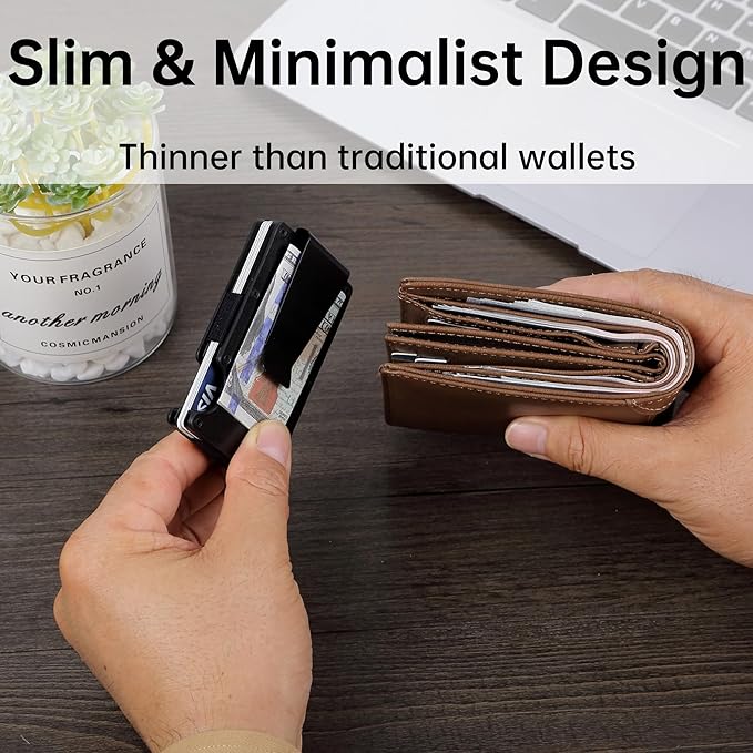 Minimalist Slim Wallet for Men,RFID Blocking Metal Wallet,Aluminum Credit Card Holder & Money Clip 12-15 Cards,Slim Rfid Front Pocket Mens Wallet,Leather Black