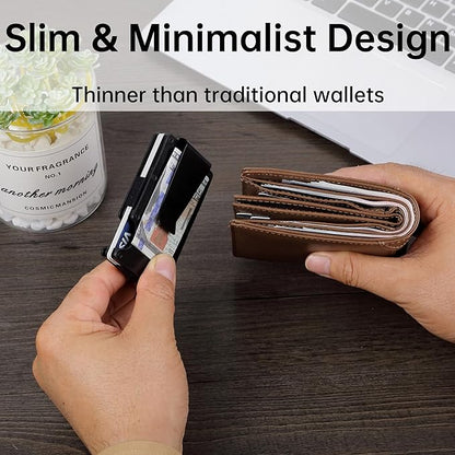Minimalist Slim Wallet for Men,RFID Blocking Metal Wallet,Aluminum Credit Card Holder & Money Clip 12-15 Cards,Slim Rfid Front Pocket Mens Wallet,Leather Black