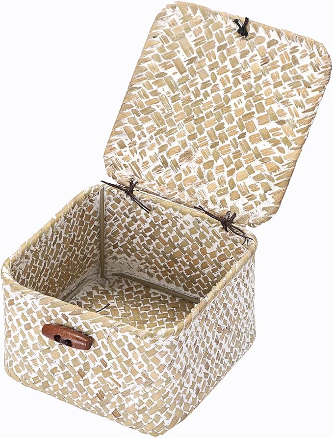 Hipiwe Handwoven Seagrass Basket Decorative Shelf Basket with Lid Mini Wicker Storage Box for Key Hair Ties, Whitewash 4.7" x 4.7" x 3"