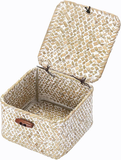 Hipiwe Handwoven Seagrass Basket Decorative Shelf Basket with Lid Mini Wicker Storage Box for Key Hair Ties, Whitewash 4.7" x 4.7" x 3"