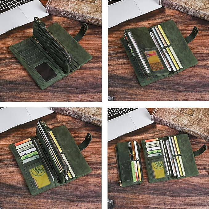 Genuine Crazy Horse Leather Travel Gift Coin Pocket Card Case Long Organizer Chain Rfid Wallet Purse With Snap For Men Male 1803 1815 (1803 The Green2)