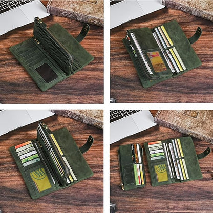 Genuine Crazy Horse Leather Travel Gift Coin Pocket Card Case Long Organizer Chain Rfid Wallet Purse With Snap For Men Male 1803 1815 (1803 The Green2)