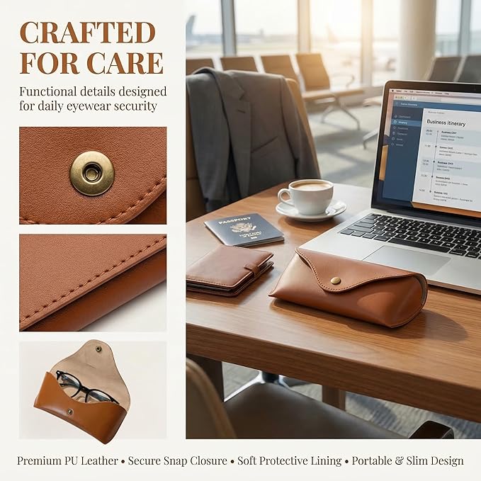 Brown Leather Glasses Case, Portable Hard Shell Eyeglasses And Sunglasses Pouch For Women & Men