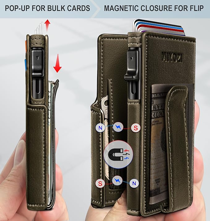 miyozi Wallet for Men, Magnetic Minimalist Slim Wallet with Pop Up Card Holder, 9 Cards RFID Blocking Metal Credit Card Case, Leather Wrapped Money Clip, ID Window & Small Item Slot, Gift Boxed