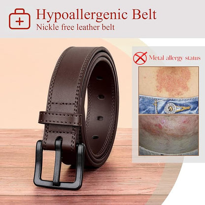 XZQTIVE Men’s Metal Free Belt Hypoallergenic Leather Belts For Jeans Dress Nickle Free TSA Belt With Black Buckle