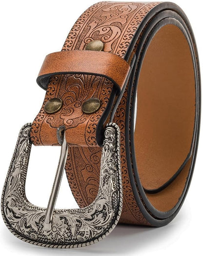 Mealah Vintage Western-Cowboy-Belt for Women Men - Carved Buckle PU Leather Waist Belts (for Waist 28"-38")