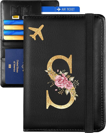Slohif Initial Passport Holder Cover Wallet Case for Travel Women - Leather Letter Passport Book Family Multiple Personalized Organizer Card Slots Protector Sleeve Essentials Slim Carrier Black S