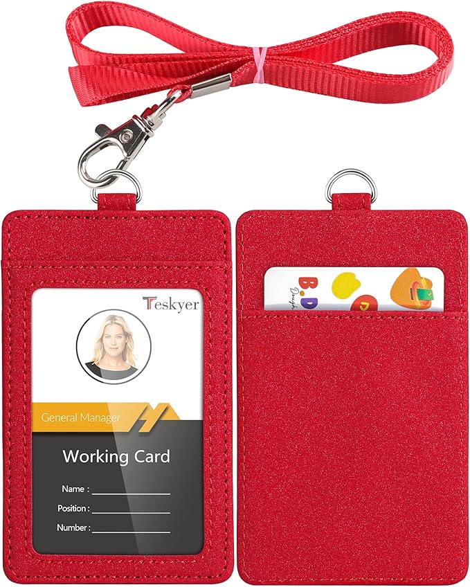 Teskyer Badge Holder with Lanyard, Leather ID Name Badge Card Holder with Lanyard for ID Badges, Vertical, Starry Red