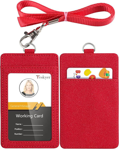 Teskyer Badge Holder with Lanyard, Leather ID Name Badge Card Holder with Lanyard for ID Badges, Vertical, Starry Red
