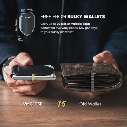 VULKIT Luxury Money Clip Genuine Leather Magnetic Closure Streamline Design Money Clip Wallet, Holds Up to 20 Bills