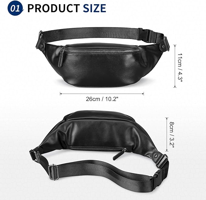 Faux Leather Belt Bag for Men, Crossbody Sling Bag with Adjustable Strap, Back Zipper Pocket, Large Capacity Waist Pack for Travel, Work, Every, Black