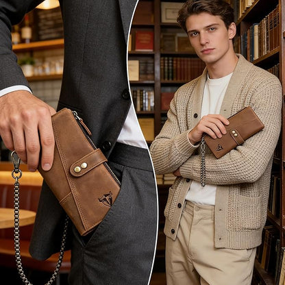 Genuine Crazy Horse Leather Travel Gift Coin Pocket Card Case Long Organizer Chain Rfid Wallet Purse With Snap For Men Male 1803 1815 (1803 Brown 26b)