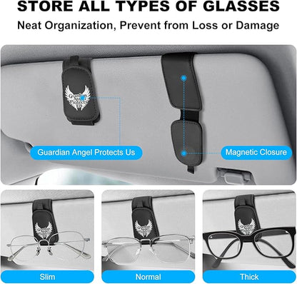 Teraves 2 Pack Sunglass Holder Clip for Car Visor, Upgrade Magnetic Leather Sunglasses Glasses Eyeglasses Visor Clip, Guardian Angel Gift for New Driver