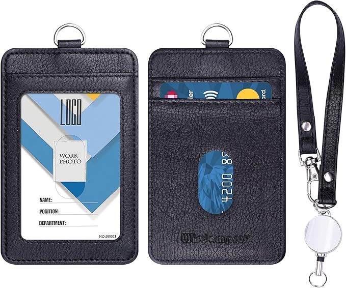 Wisdompro Badge Holder with Wrist Lanyard, 2-Sided PU Leather ID Card Holder Wallet Case with Wristlet Strap and Retractable Reel, Easy Swipe for Work, School, Metro and Access Card - Black