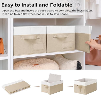 GRANNY SAYS Shelf Storage Baskets, Fabric Storage Bins for Clothes, Closet Storage Boxes with Handles, Collapsible Storage Containers for Bedroom and Living Room, Khaki&Ivory, Medium, 3-Pack
