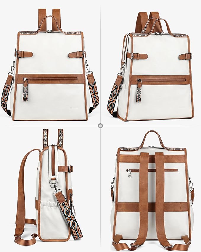 FADEON Leather Laptop Backpack for Women, Designer Ladies Work Travel Computer Backpack with Laptop Compartment Purse White