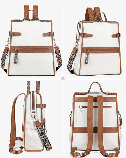 FADEON Leather Laptop Backpack for Women, Designer Ladies Work Travel Computer Backpack with Laptop Compartment Purse White