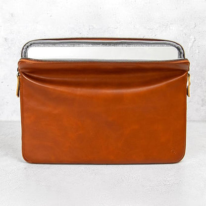 Casemade Real Leather Laptop Case/Zipped Folio Bag with Inner Pocket & Wool Lining Compatible with Apple MacBook, HP, Dell, Asus, Levovo (14 Inch - Tan)