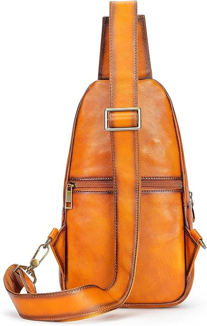 NIUCUNZH Genuine Leather Sling Bag Front Metal-Latch Crossbody Bags Handmade Vintage Chest Shoulder Backpack for Women Men