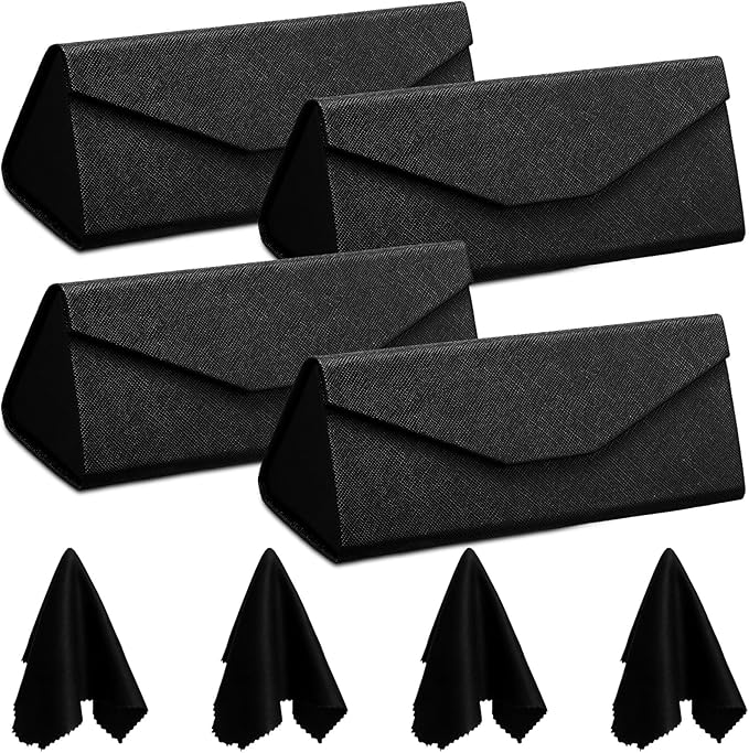 Flutesan 4 Pack Foldable Glasses Sunglasses Case PU Hard Shell Collapsible Eyeglasses Leather Case 4 Cleaning Cloths