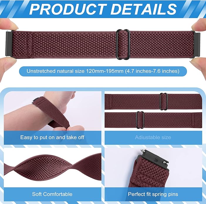 Compatible with 16mm 18mm 19mm 20mm 22mm 24mm Watch Bands Quick Release Replacement Wristband,Adjustable Stretchy Nylon Solo Loop Straps Fabric Braided Sport Elastic Bands for Men Women