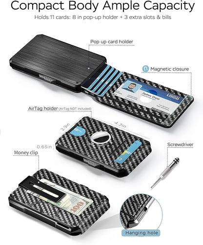Smart Pop Up Wallet for Men with AirtTag Holder - Sleek Low Profile Money Clip Wallet, RFID Blocking Metal Credit Card Holder Fits Front Pocket, 11 Cards, ID Window, Magnetic Closure, Mens Gift
