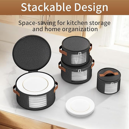 4 Piece China Storage Containers, Dish Storage Containers with Clear Windows, Hard Shell Plate Organizer with Handles, Stackable Moving Boxes for Dishes, Glassware, Dinnerware, Plates, Dark Gray