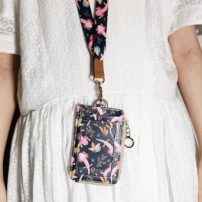bolimoss Lanyard with Wallet,Zip ID Case with Lanyard,Lanyard Badge Holder,Lanyard Wallet for Women,Fashion Lanyard Wallet, ID Case Wallet with Lanyard（Axolotl）