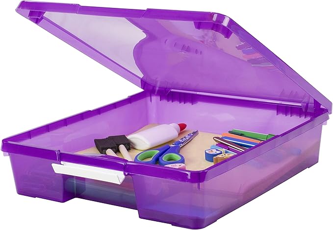 Storex Classroom Craft Project Box – Stacking Plastic Organizer Fits 12x12 Scrapbooking Paper, Purple, 5-Pack (63206U05C)