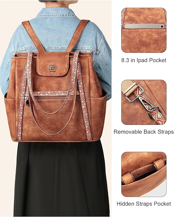 FADEON Large Laptop Tote Bag for Women Designer Leather Laptop Bag Fashion Travel Backpack Purse Shoulder Handbag