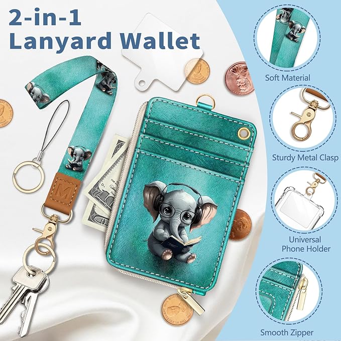 Lanyard Wallet with Id Badge Holder, Elephant RFID Small Keychain Wallet Women Wristlet, Cute Zipper Credit Card Holder Phone Wrist Neck Strap for Key Name Tag, Teacher Student Office Gifts