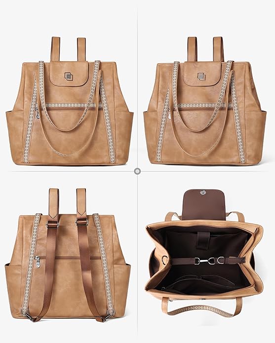 FADEON Large Laptop Tote Bag for Women Designer Leather Laptop Bag Fashion Travel Backpack Purse Shoulder Handbag
