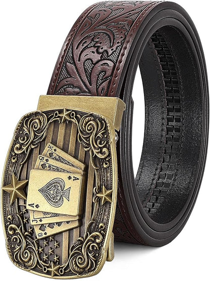 Cowboy Western Ratchet Belt for Men Women with Automatic Western Buckle, Ratchet Cowboy Leather Belt for Jeans Gifts
