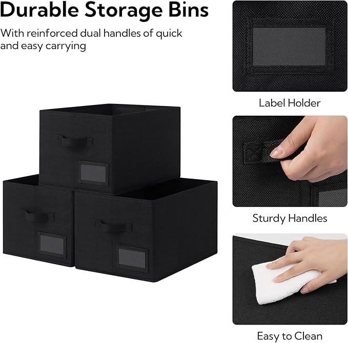 GRANNY SAYS Storage Baskets for Shelves, Fabric Storage Bins for Clothes, Closet Organization Bins, Collapsible Storage Bins with Handles, Decorative Storage Box, Black, Large, 3-Pack