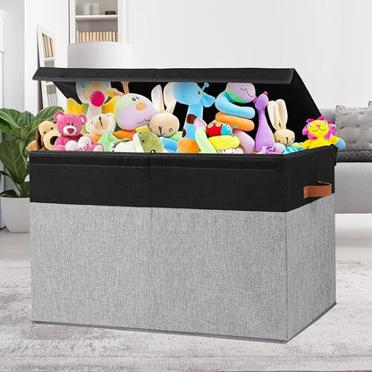 Gowee Large Toy Storage Box with Lid, Sturdy Toys Storage Chest Bin Organizer Basket with Dividers for Kids, Boys, Girls, Nursery, Closet, Bedroom, Playroom 26"x17" x17" (Black and Grey)