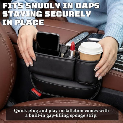 Car Leather Cup Holder Gap Bag, New Car Seat Gap Filler Organizer with Cup Holders, Console Organizer for Phone, Keys and Small Items, Universal Fit Essentials for SUV, Truck & Sedan (2pc)