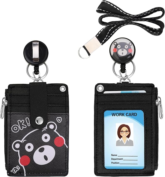 【2025 Latest】Cute ID Badge Holder Retractable Lanyard Reel Clip with Heavy Duty Carabiner, 5 Card Slots in 2 Sided with Key Ring and Zipper for Women Students Teens Girls Office Staff (Black OK Bear)