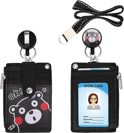 【2025 Latest】Cute ID Badge Holder Retractable Lanyard Reel Clip with Heavy Duty Carabiner, 5 Card Slots in 2 Sided with Key Ring and Zipper for Women Students Teens Girls Office Staff (Black OK Bear)