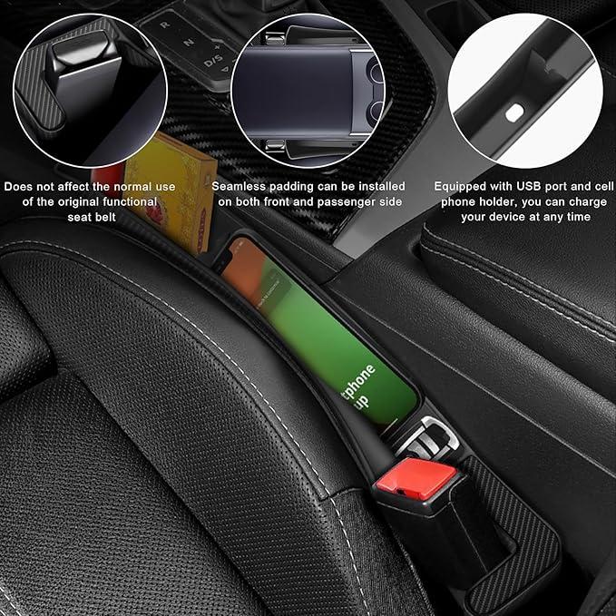 2PCS Car Seat Gap Filler Organizer, Multifunctional Seat Side Gap Filler with Phone Holder, Auto Crevice Blocker Between Seats for Prevent Essential Items from Falling (Black)
