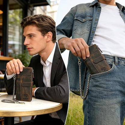 Genuine Crazy Horse Leather Travel Gift Coin Pocket Card Case Long Organizer Chain Rfid Wallet Purse With Snap For Men Male 1803 1815 (1803B-Brown)